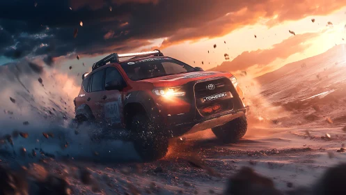 Off-road rally SUV drift under dramatic sunset lighting conditions