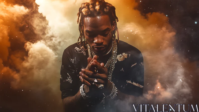 Pensive rapper stands in glowing cosmic smoke and shadow