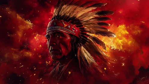 Elderly Native leader in feathered headdress against inferno backdrop