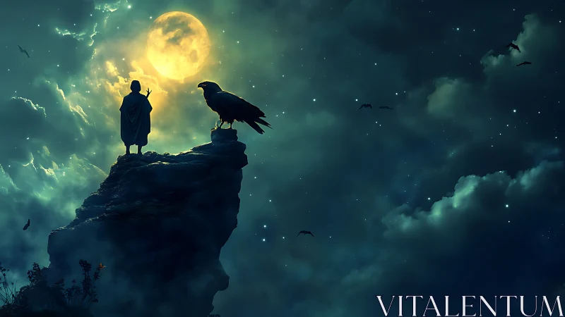Moonlit summit pact between cloaked wanderer and raven.