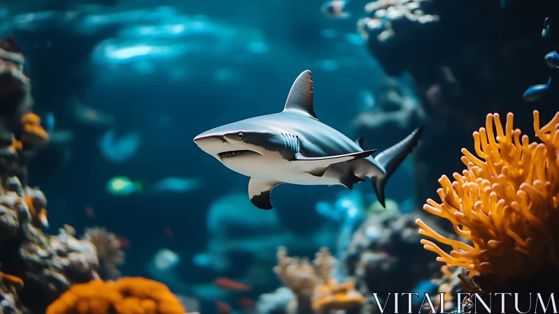 Graceful shark glides through vivid coral reef waters.