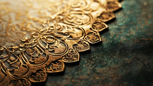 Gilded Arabic calligraphy relief casts warm light on patina