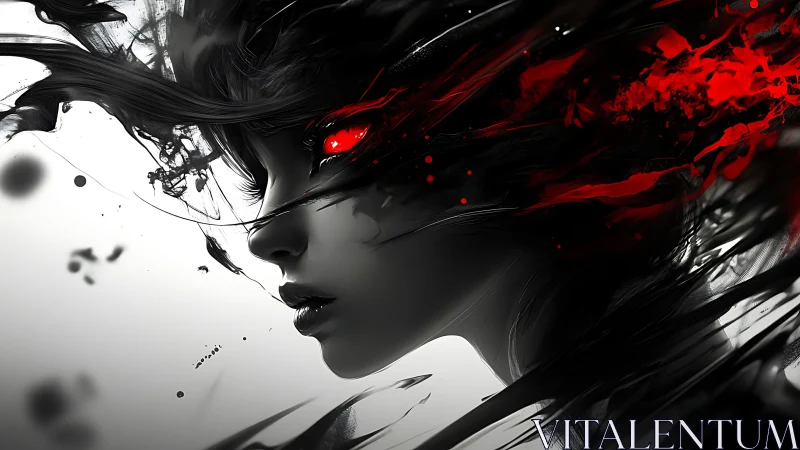 Dark digital portrait with crimson energy and glowing eyes.