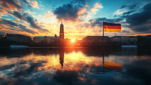 German city waterfront sunset with national flag reflection.