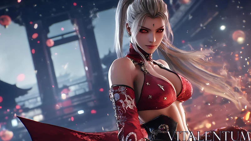 Silver haired warrior in red attire in night cityscape.