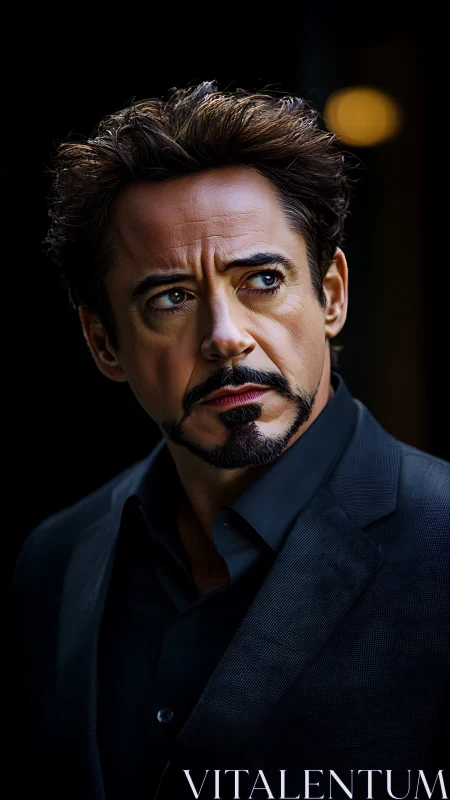 Man in dark suit looks sideways with intense expression