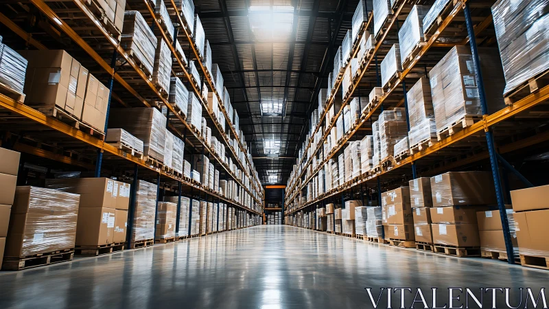 Endless warehouse aisles march forward in mirrored precision