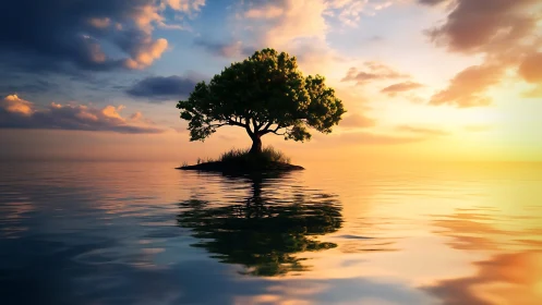 Solitary tree on small island during sunset with water reflection