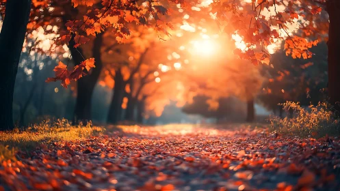 Golden autumn path glowing with soft evening sunlight.