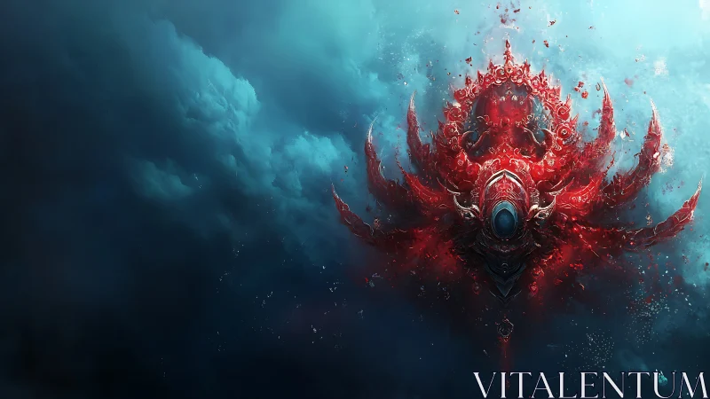 Red crystalline aquatic entity floats in deep blue water
