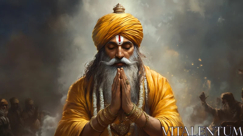 Elderly Sikh sage in golden turban praying amid smoky battlefield