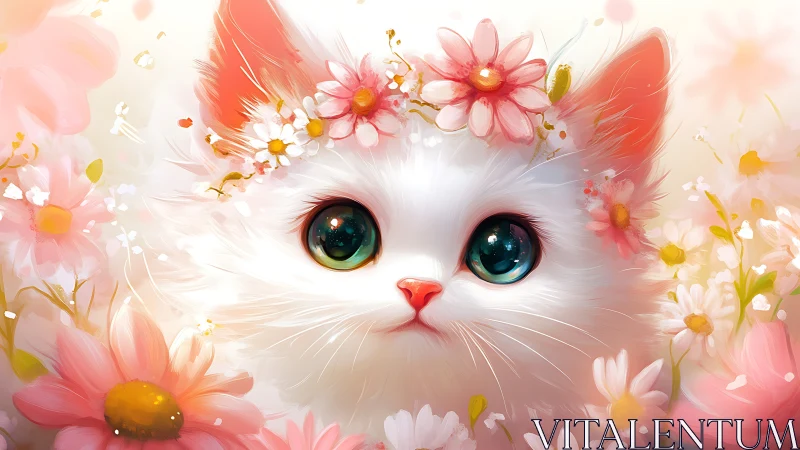 Digitally rendered white feline with oversized eyes surrounded by decorative floral elements