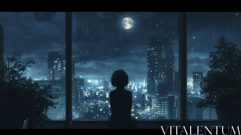 Solitary silhouette at rainlit highrise window over moonlit city