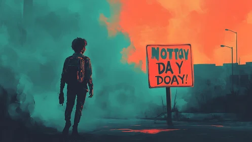 Wanderer pauses by a bold sign in neon painted fog.