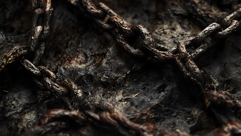Weathered metal chains resting on rugged dark stone.