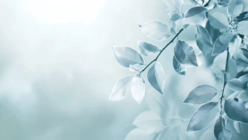 Delicate Frosted Leaves on Branch in Soft Pastel Minimalist Style.