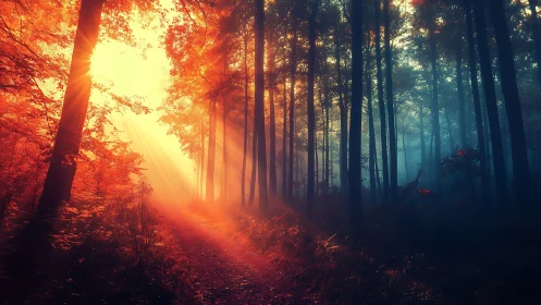 Forest path illuminated by low solar position through tall trees