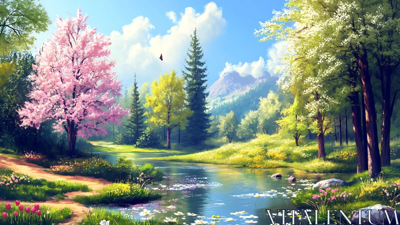 Springtime river valley beneath sunlit mountain peaks.