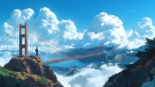 Dreamy cliffside view of a bridge above drifting clouds.