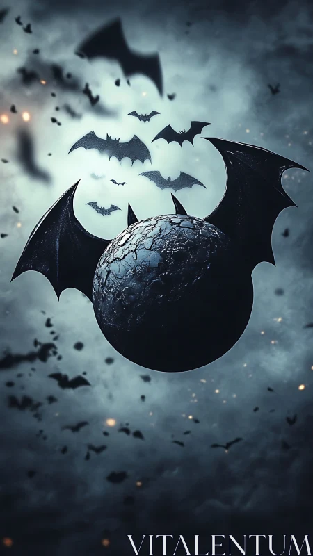 Winged cracked sphere floats among bats in dark sky