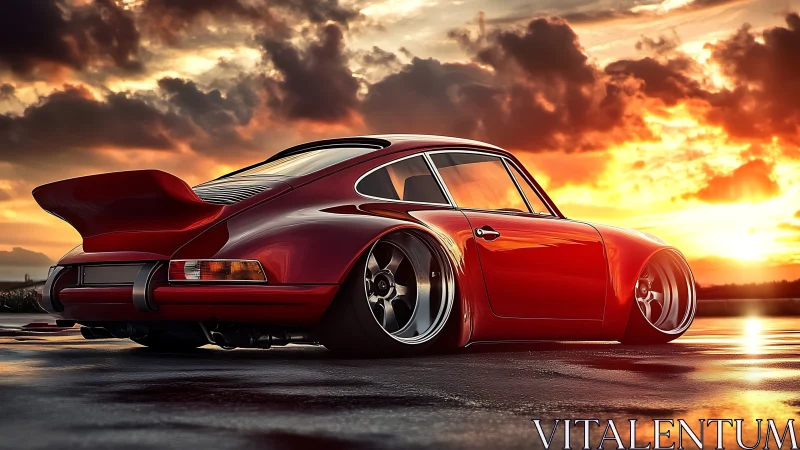 Red sports coupe with widebody kit under vivid sunset sky.