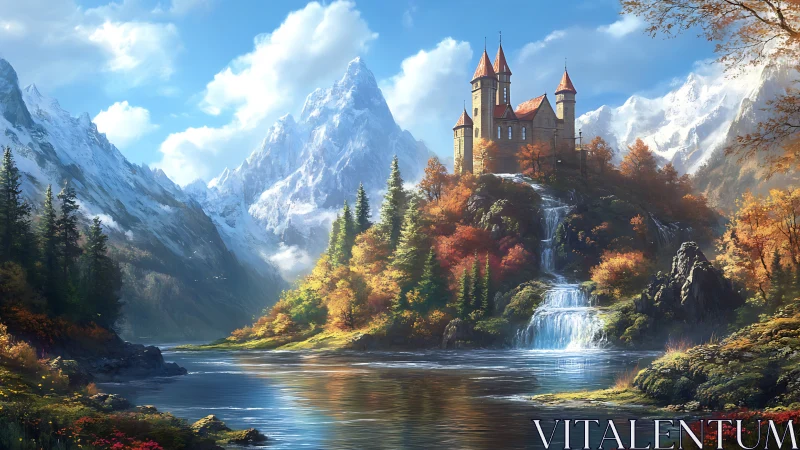 Mountain castle above cascading river in autumn light.