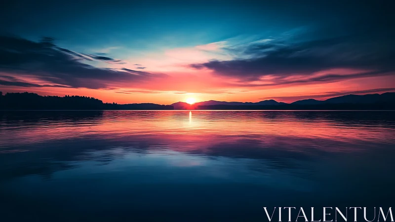 Color rich lake sunset with distant dark mountain ridge.