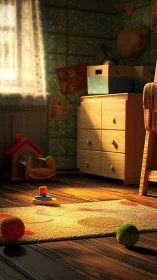 Sunlit nursery floor where quiet toys dream in dust motes.