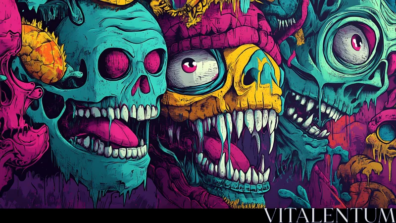 Neon skulls roar together in a wild burst of color and chaos