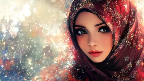 Portrait of woman in ornate red hijab, digital art.