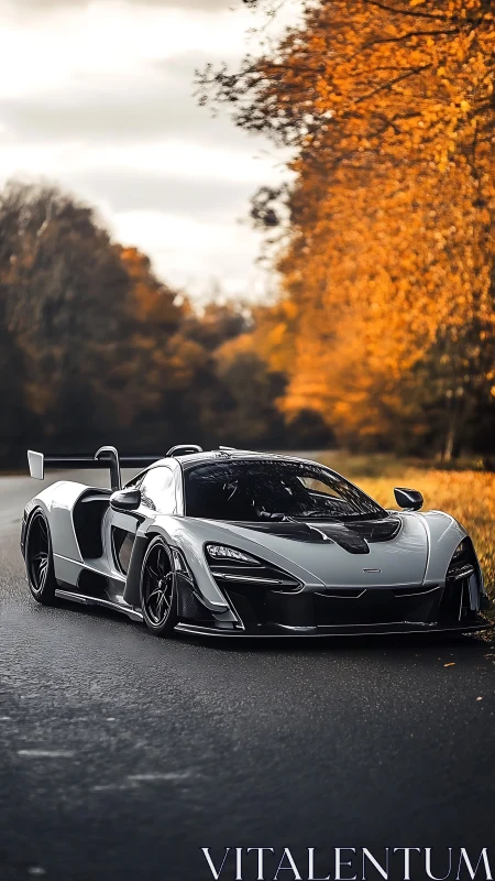 Sleek silver supercar glides along a quiet autumn road