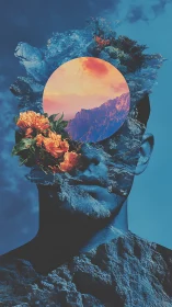 Surreal double exposure portrait with landscape core.