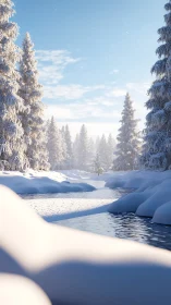 Snow-laden river valley under clear winter sunrise.