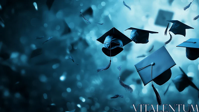 Graduation caps suspended against abstract blue background.
