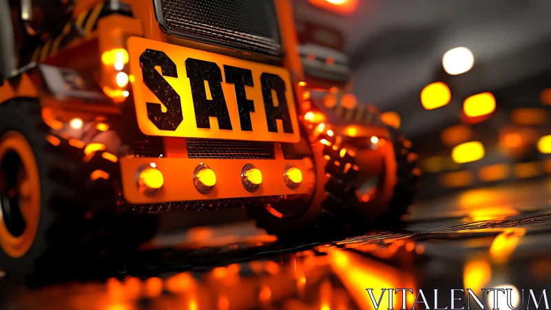 Glowing orange truck grille reflects neon road lights beautifully.