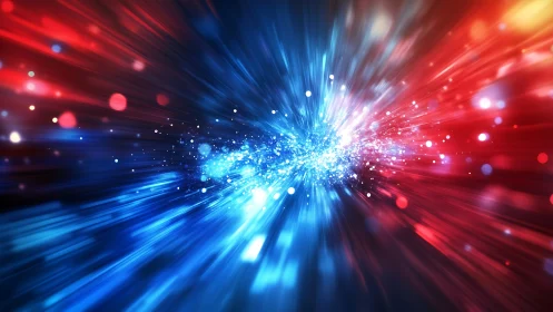 Red and blue light streaks converging in abstract motion.