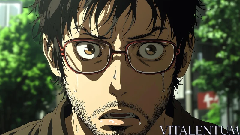 Shocked man with glasses in sunlit urban anime close-up.