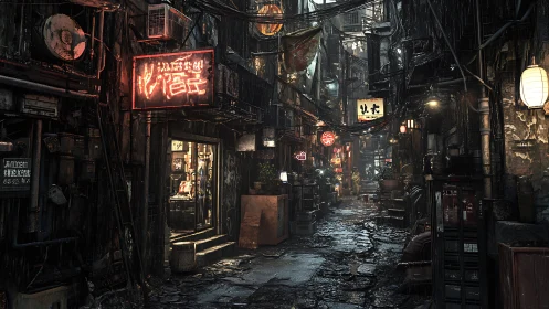 Rain-slick cyberpunk alleyway renders dense neon-lit depth