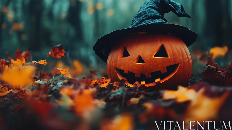 Low angle jack-o-lantern with witch hat in shallow depth forest scene