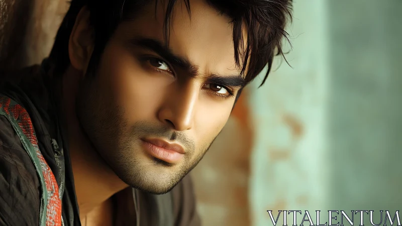 Storm-lit gaze of a brooding man in soft cinematic focus.