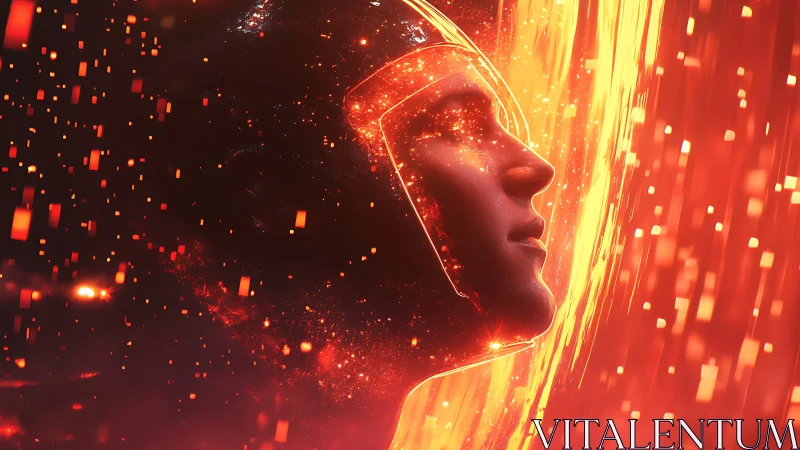 Profile of helmeted human head in red luminous particle field