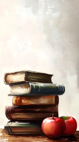 Stacked vintage books and bright apples invite quiet study