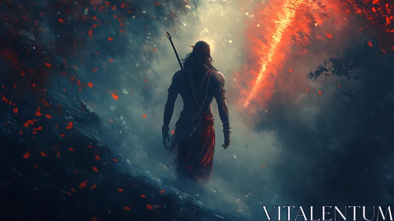 Lone warrior walks through glowing embers and misty night.