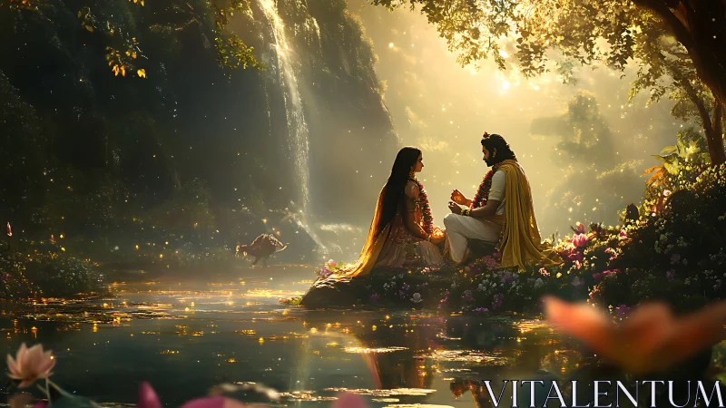 Divine couple illuminated beside waterfall in ethereal forest glade