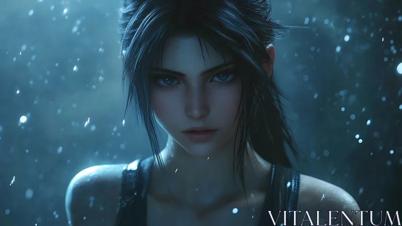 Mysterious warrior girl in shimmering blue rainlight gaze.