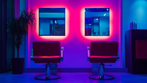 Neon salon interior with twin mirrors and styling chairs.