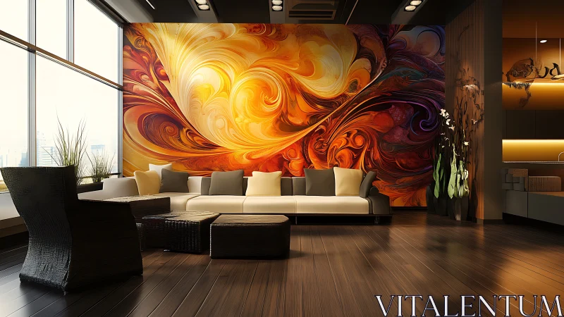 Swirling sunset mural brings warm energy to a chic lounge