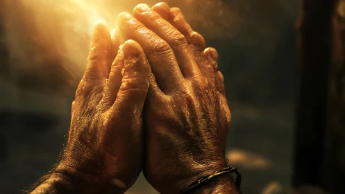 Photorealistic clasped hands under golden backlighting focus.