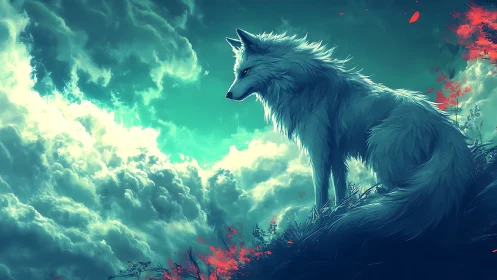 Luminous white wolf overlooks stormlit clouds in ethereal vista