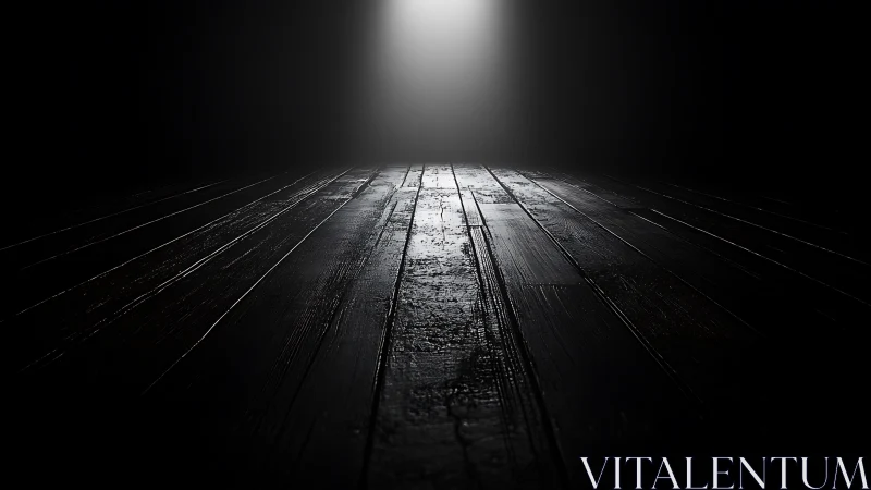 Moody spotlight over worn dark wooden floorboards.